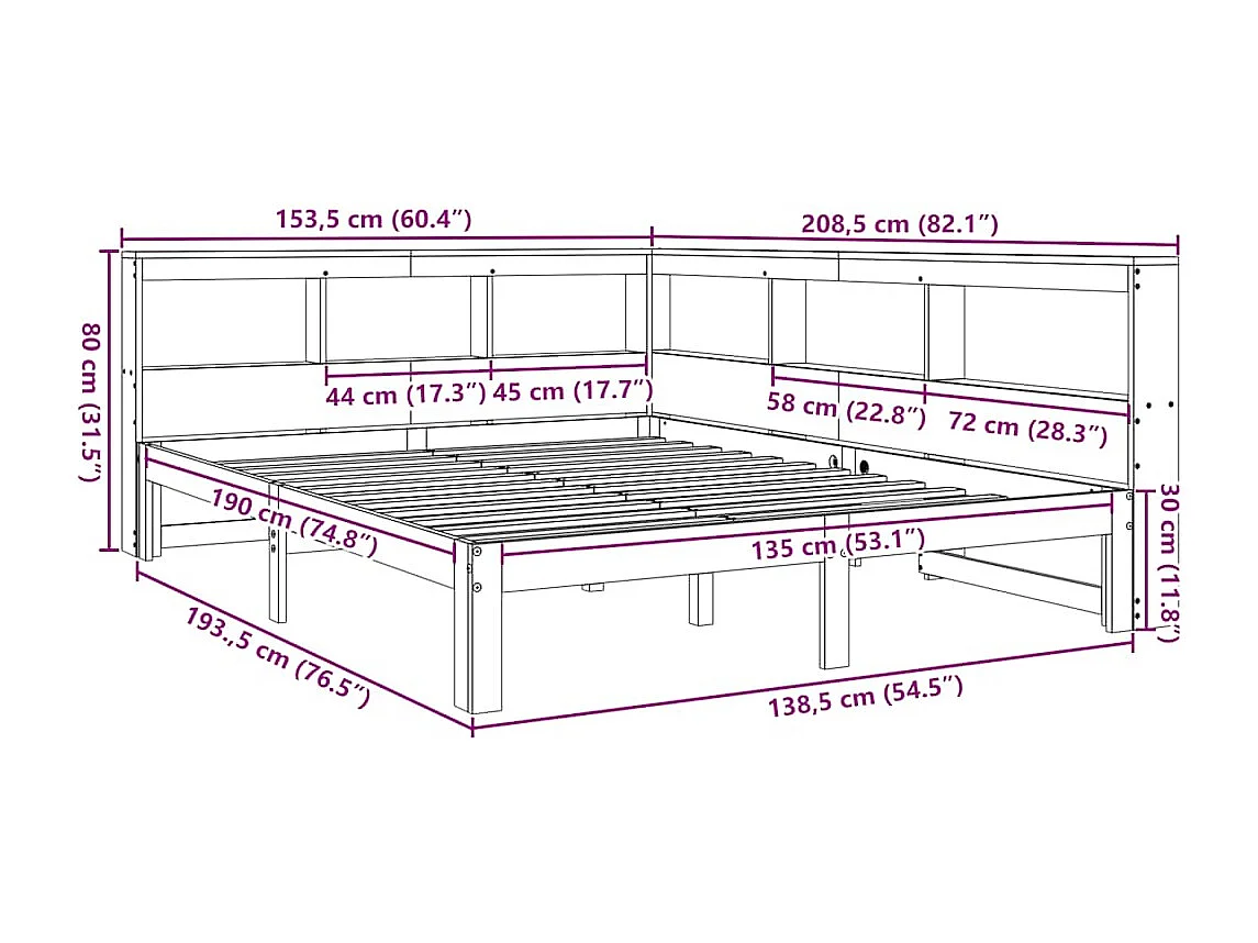 Lit bibliothèque sans matelas cire marron 135x190 cm pin massif