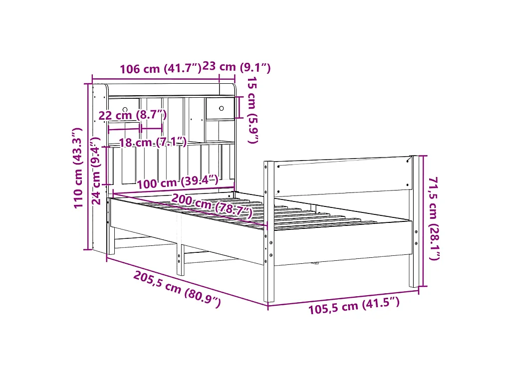 Bed met boekenkast zonder matras grenenhout wasbruin 100x200 cm