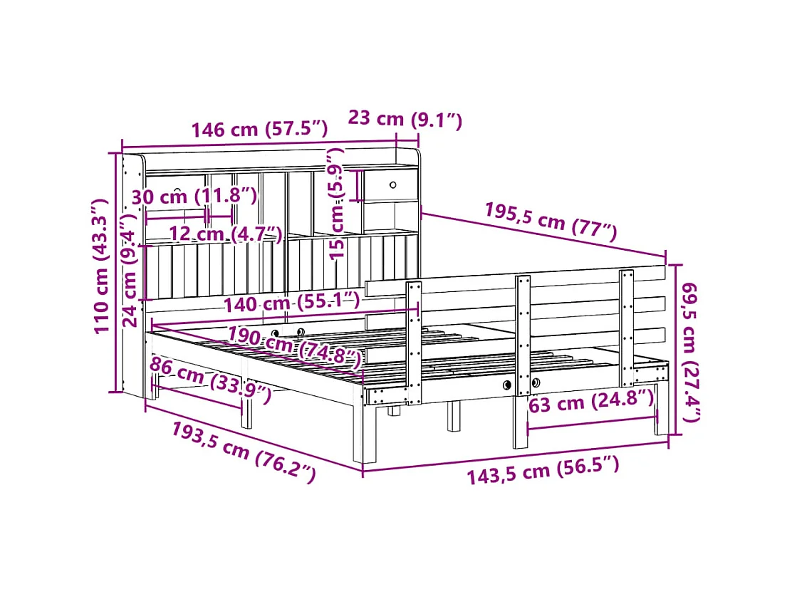 Lit bibliothèque sans matelas cire marron 140x190 cm pin massif