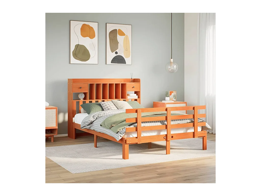 Lit bibliothèque sans matelas cire marron 140x190 cm pin massif