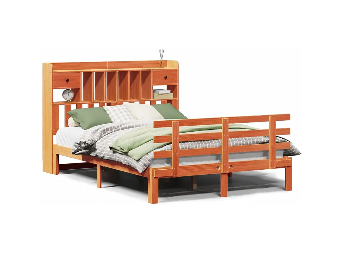 Massivholzbett mit Regal ohne Matratze Wachsbraun 140x190 cm