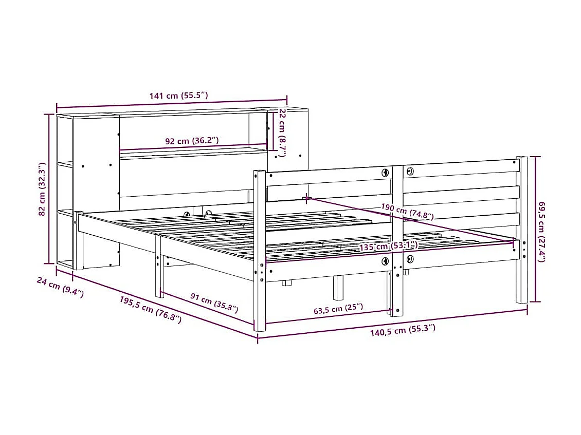 Cama con estantería sin colchón madera maciza blanca 135x190 cm