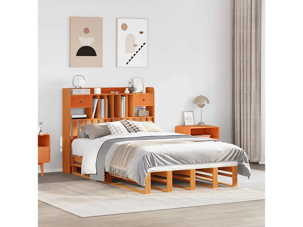 Letto Libreria senza Materasso Marrone Cera 135x190 cm in Pino