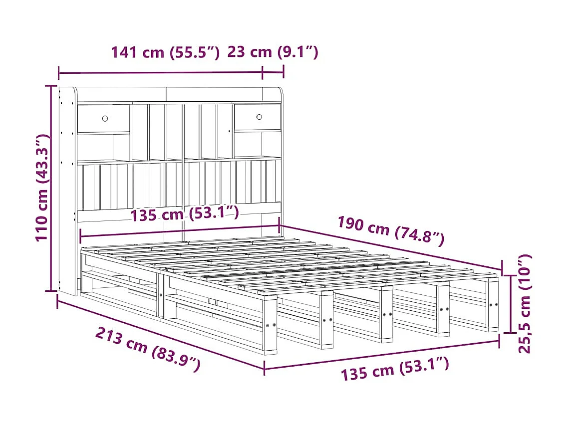 Letto Libreria senza Materasso Marrone Cera 135x190 cm in Pino