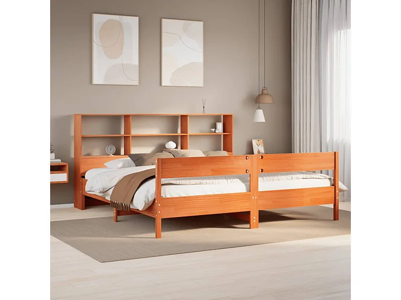 Massivholzbett mit Regal ohne Matratze Wachsbraun 200x200 cm
