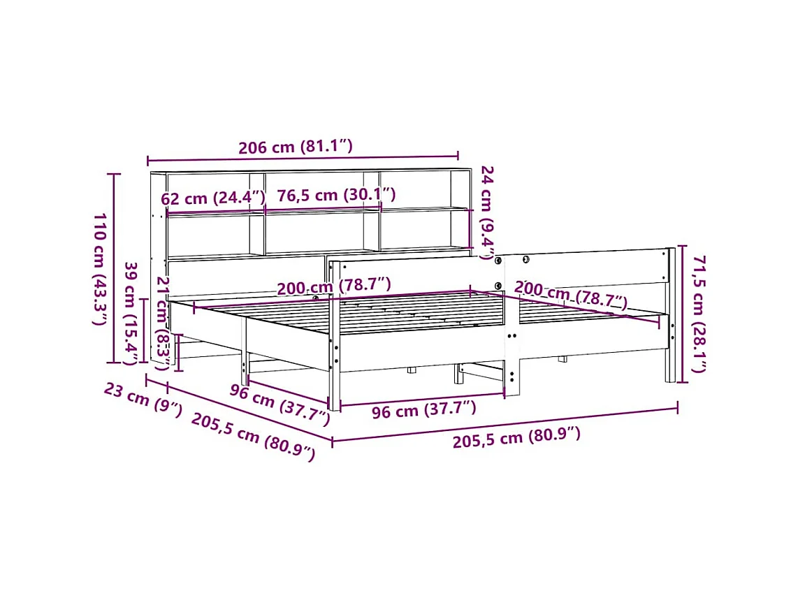 Massivholzbett mit Regal ohne Matratze Wachsbraun 200x200 cm