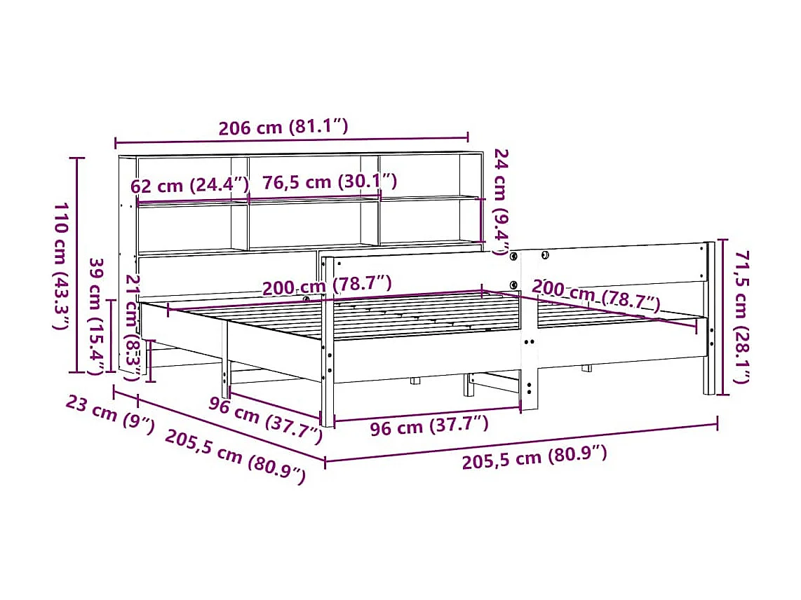 Letto Libreria senza Materasso Marrone Cera 200x200 cm in Pino