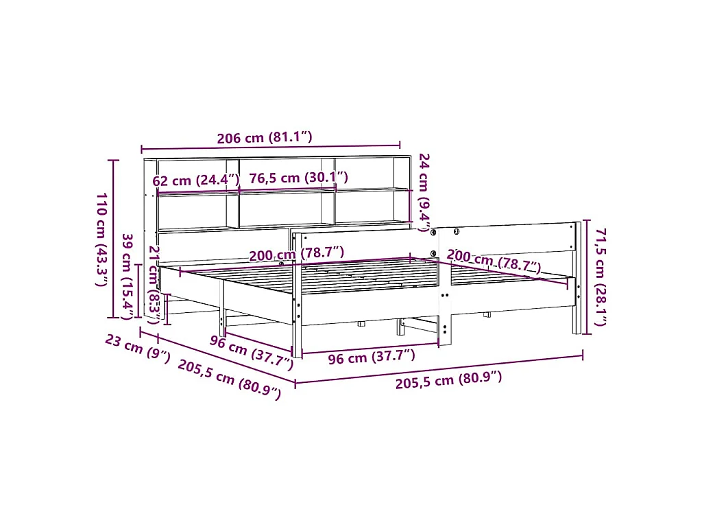 Cama con estantería sin colchón madera maciza marrón 200x200 cm