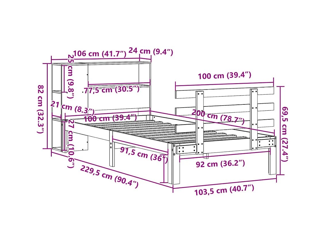 Lit bibliothèque sans matelas blanc 100x200 cm bois pin massif