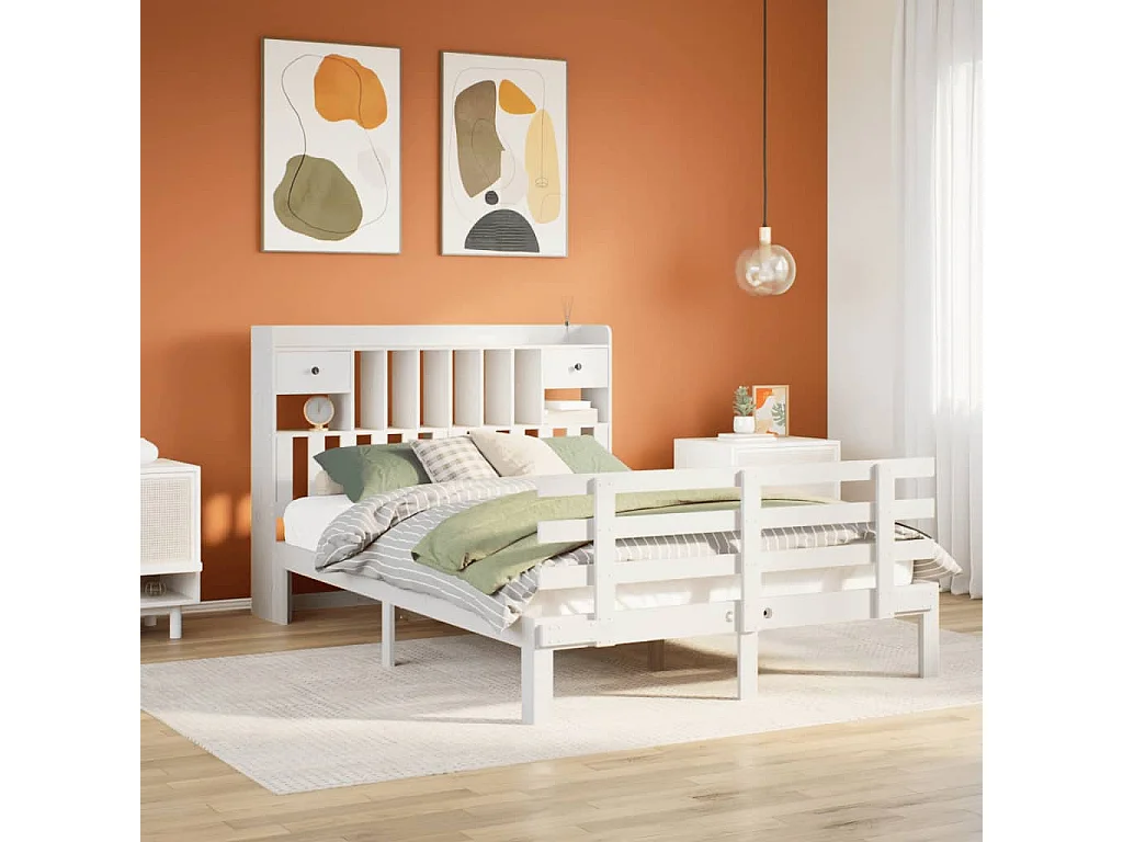 Lit bibliothèque sans matelas blanc 140x190 cm bois pin massif