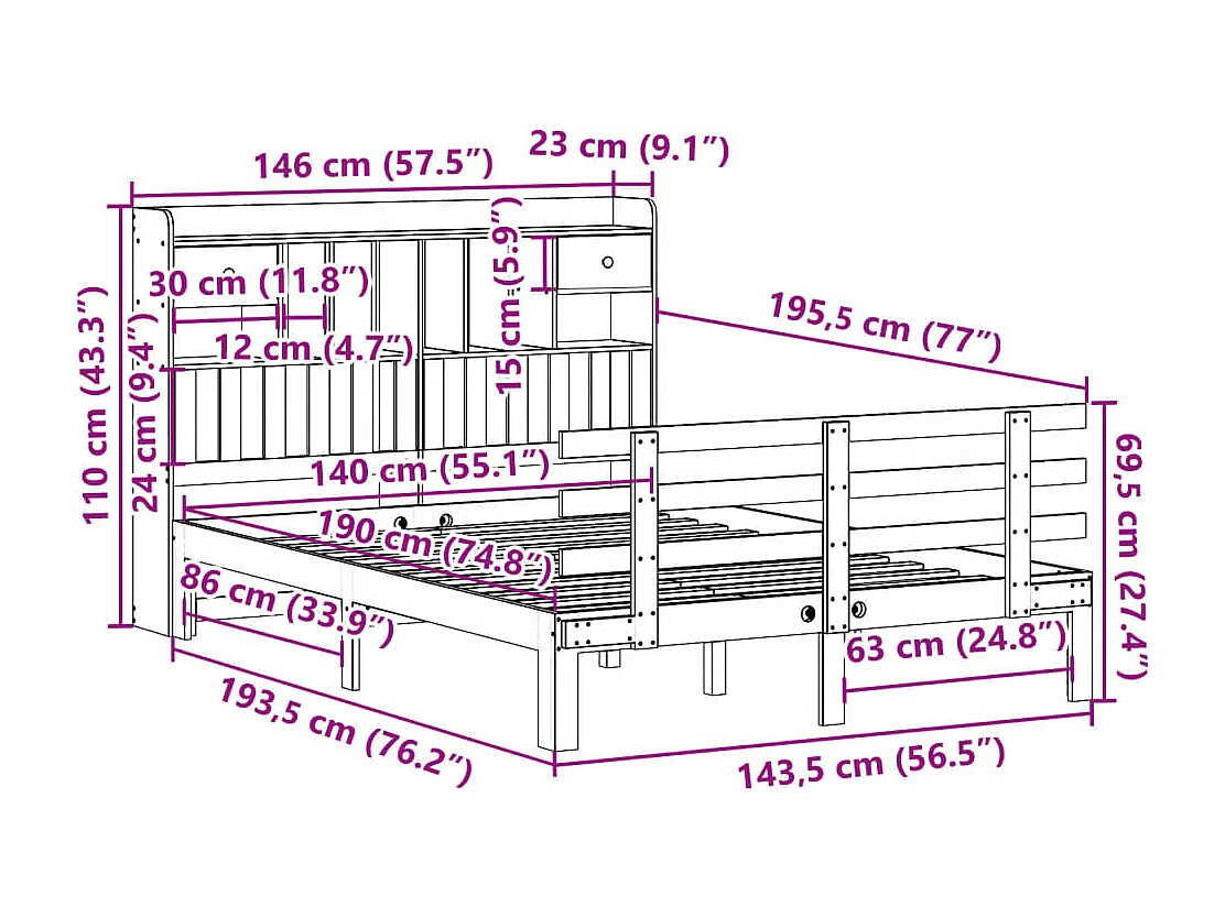 Lit bibliothèque sans matelas blanc 140x190 cm bois pin massif