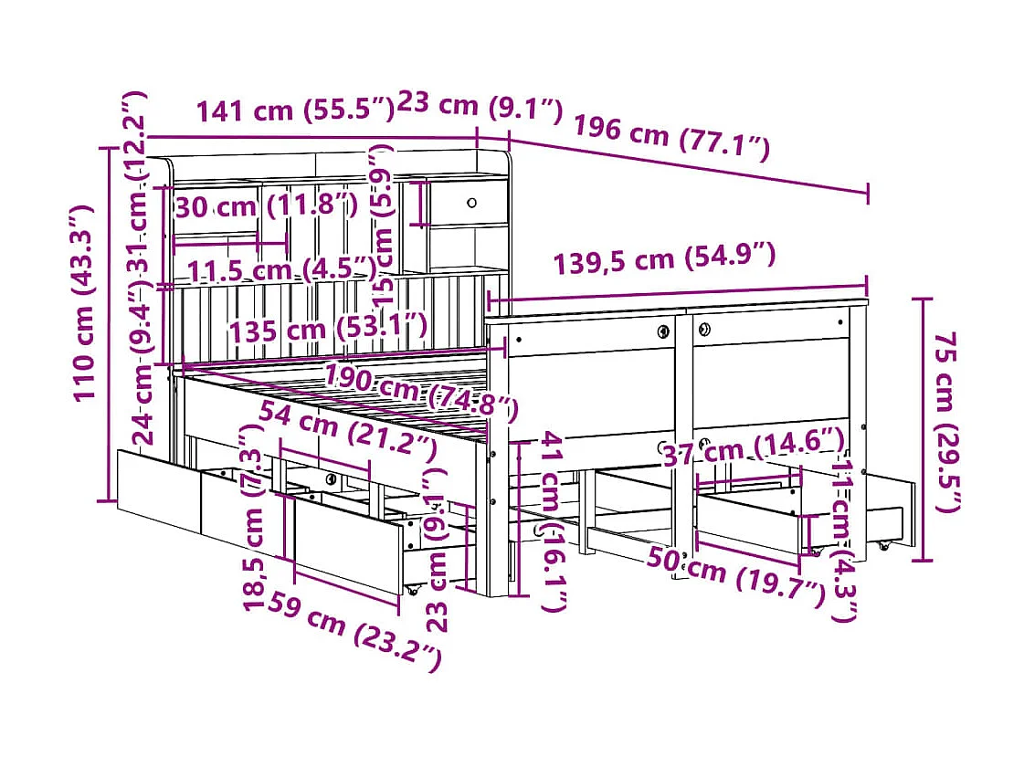 Bed met boekenkast zonder matras massief grenenhout 135x190 cm