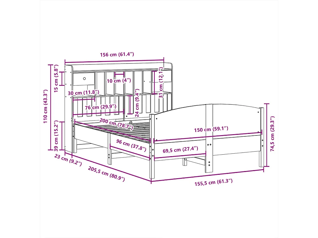 Lit bibliothèque sans matelas blanc 150x200 cm bois pin massif
