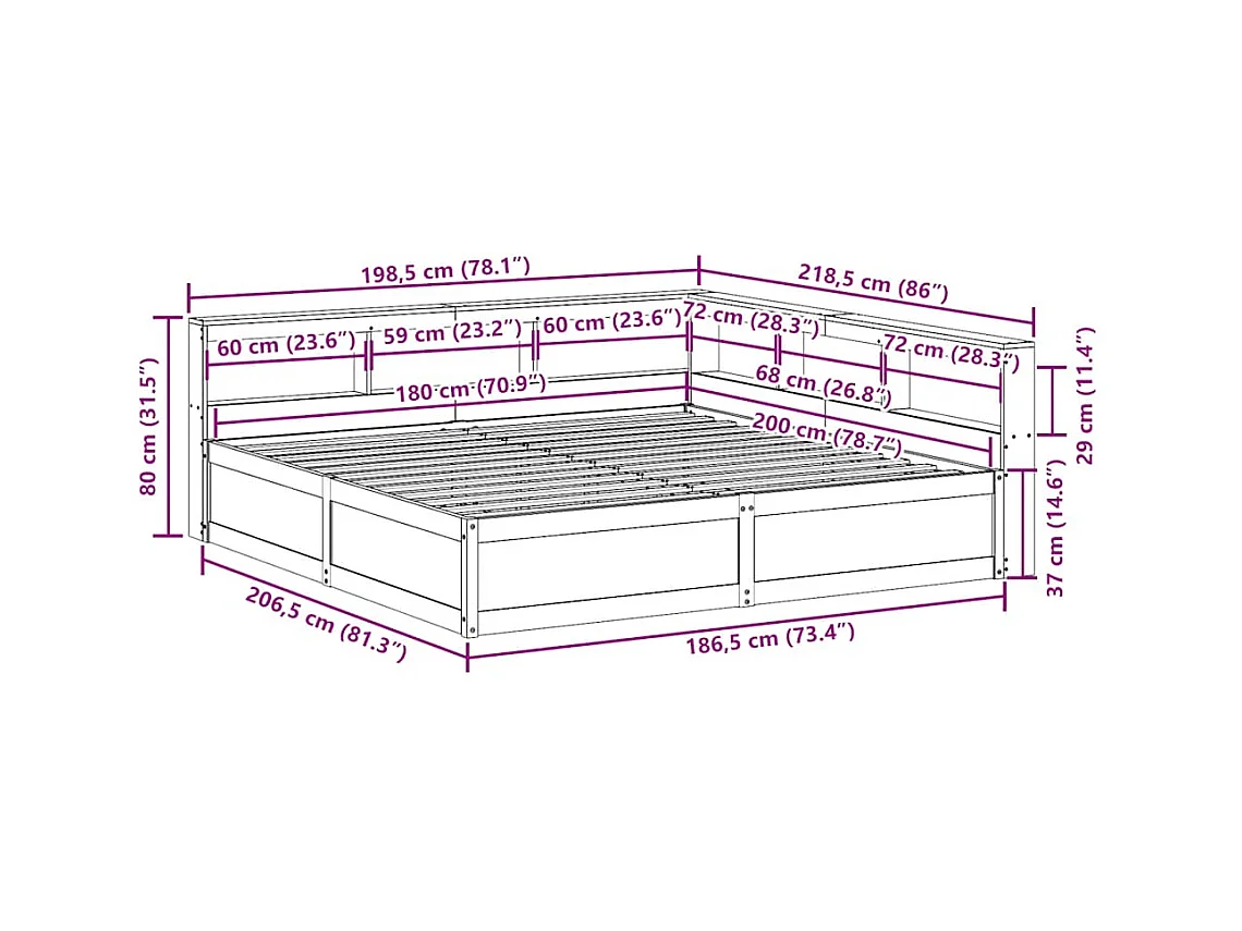 Lit bibliothèque sans matelas cire marron 180x200 cm pin massif