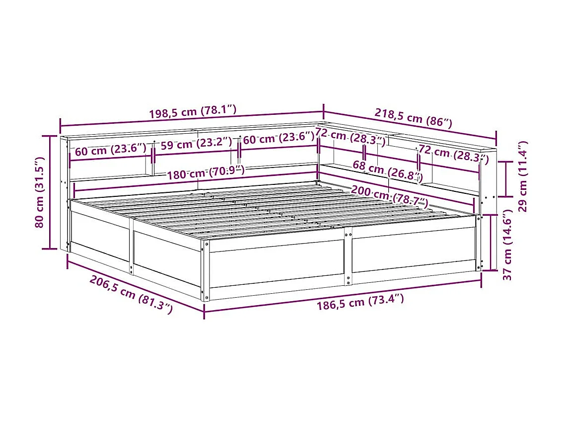 Cama con estantería sin colchón madera maciza marrón 180x200cm