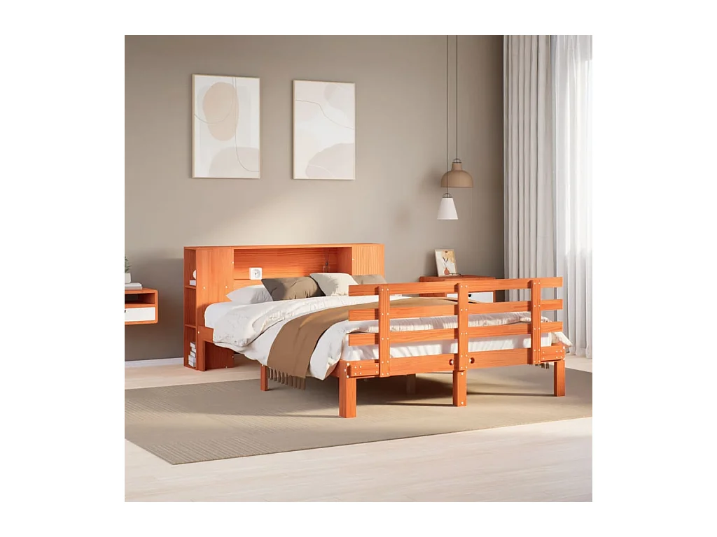 Letto Libreria senza Materasso Marrone Cera 140x190 cm in Pino
