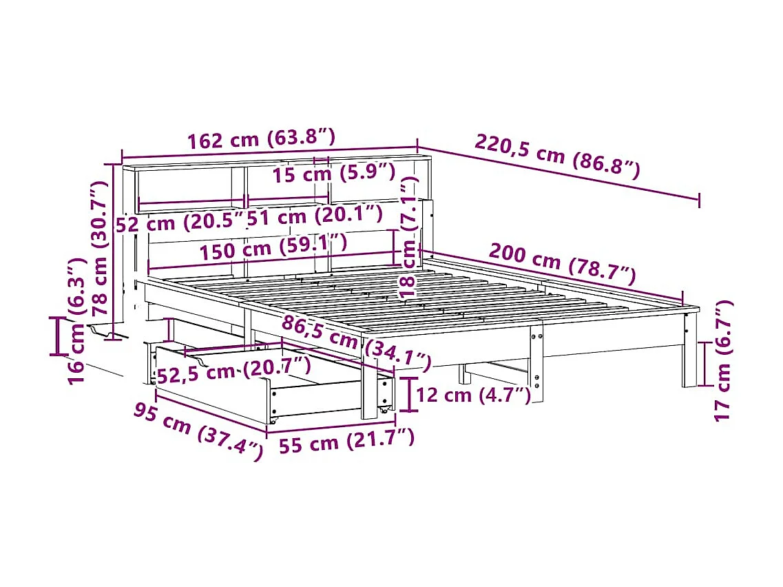 Lit bibliothèque sans matelas cire marron 150x200 cm pin massif