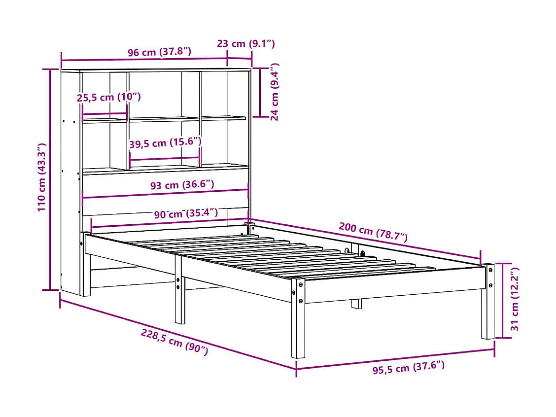 Lit bibliothèque sans matelas cire marron 90x200 cm pin massif
