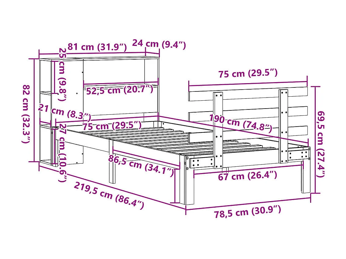 Letto Libreria senza Materasso Marrone Cera 75x190 cm in Pino