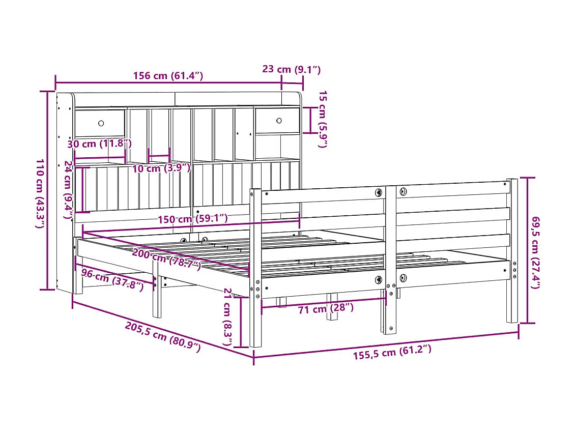 Letto Libreria senza Materasso 150x200 cm in Legno di Pino