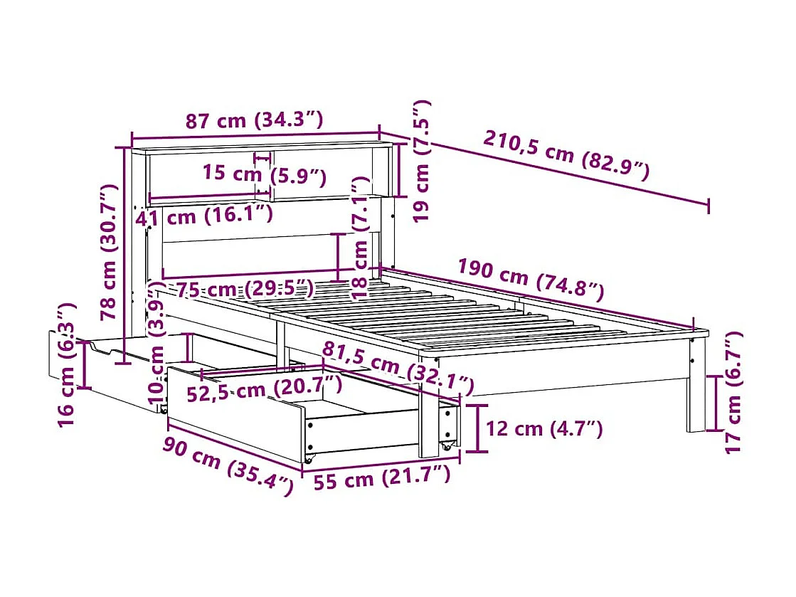 Lit bibliothèque sans matelas 75x190 cm bois de pin massif
