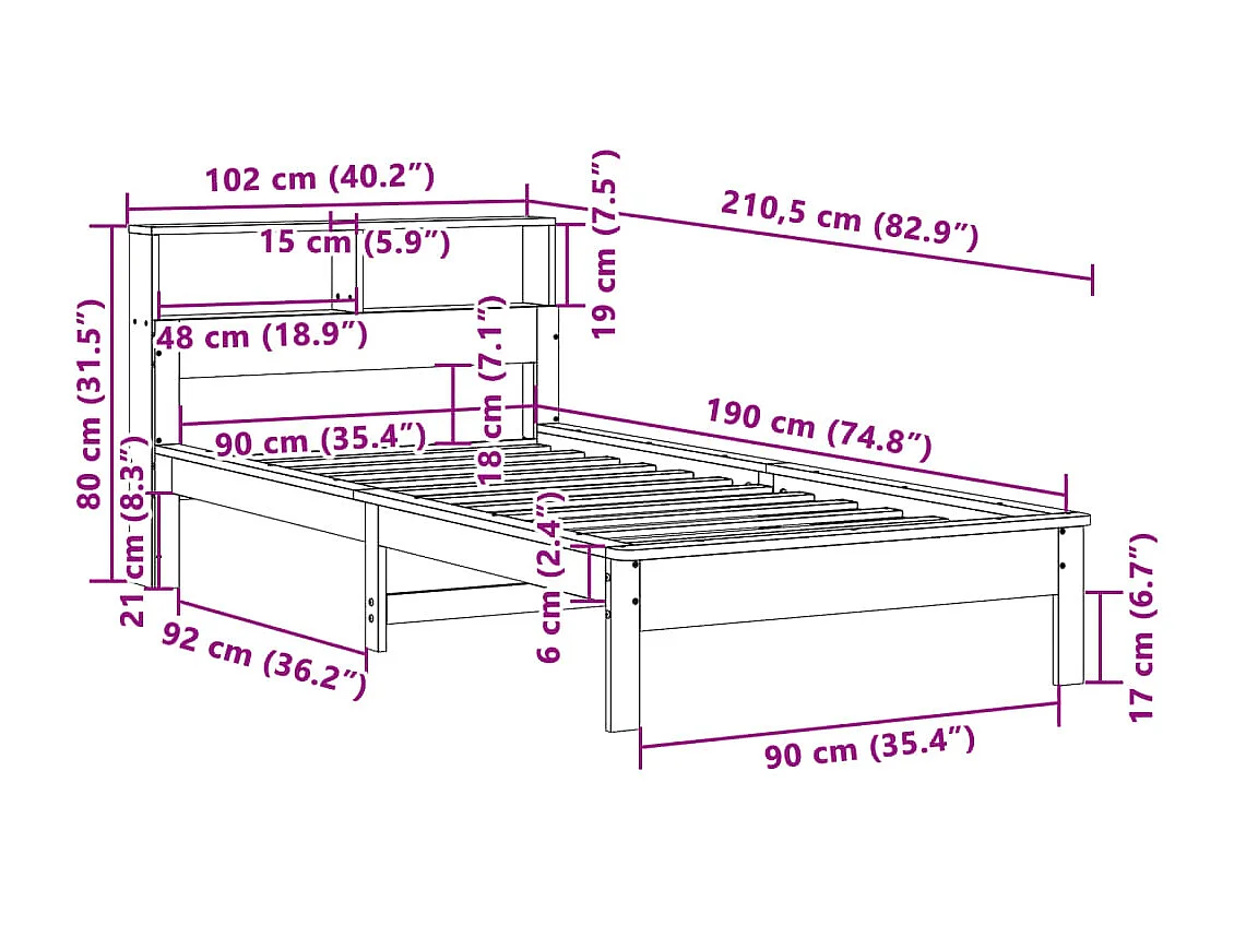 Letto Libreria senza Materasso Marrone Cera 90x190 cm in Pino