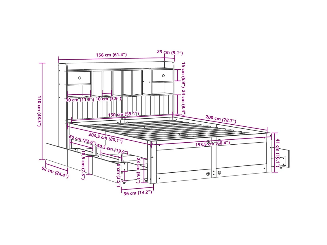 Letto Libreria senza Materasso 150x200 cm in Legno di Pino