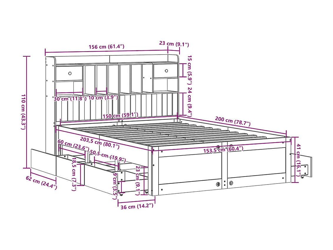 Letto Libreria senza Materasso 150x200 cm in Legno di Pino