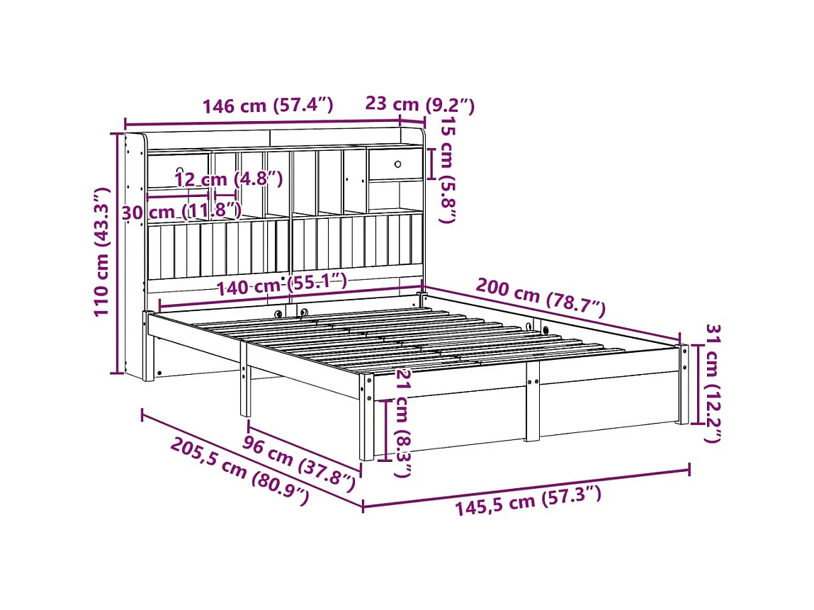 Lit bibliothèque sans matelas 140x200 cm bois massif de pin