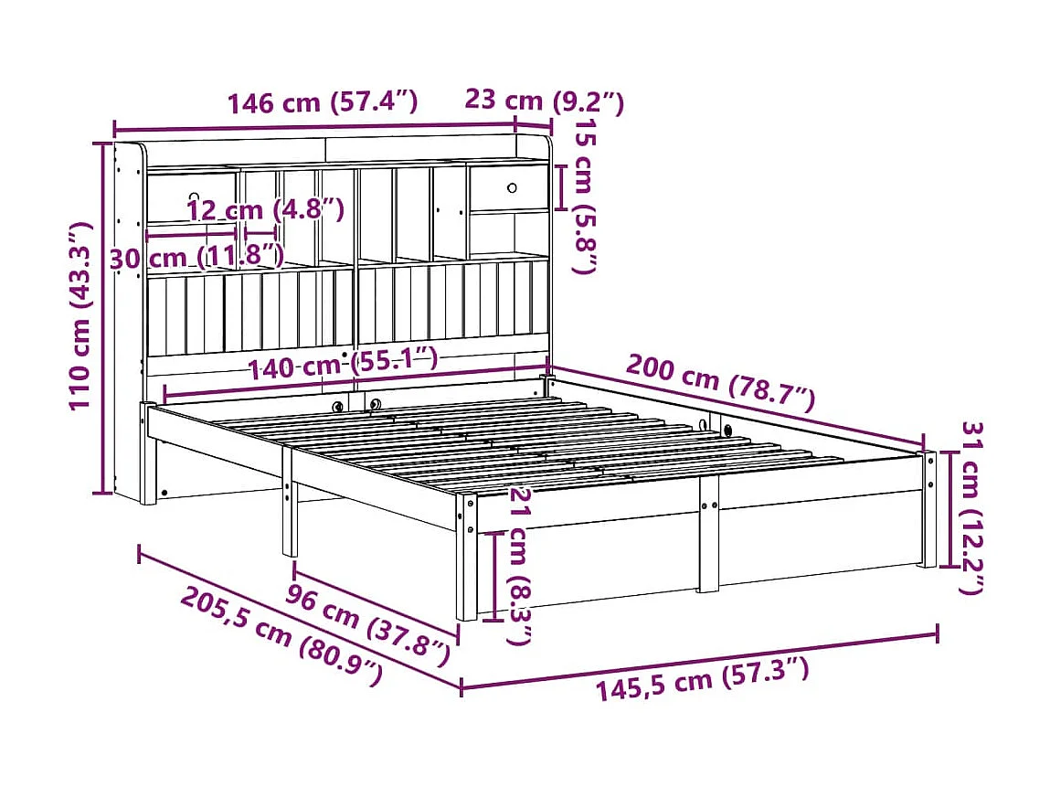 Massivholzbett mit Regal ohne Matratze 140x200 cm Kiefer