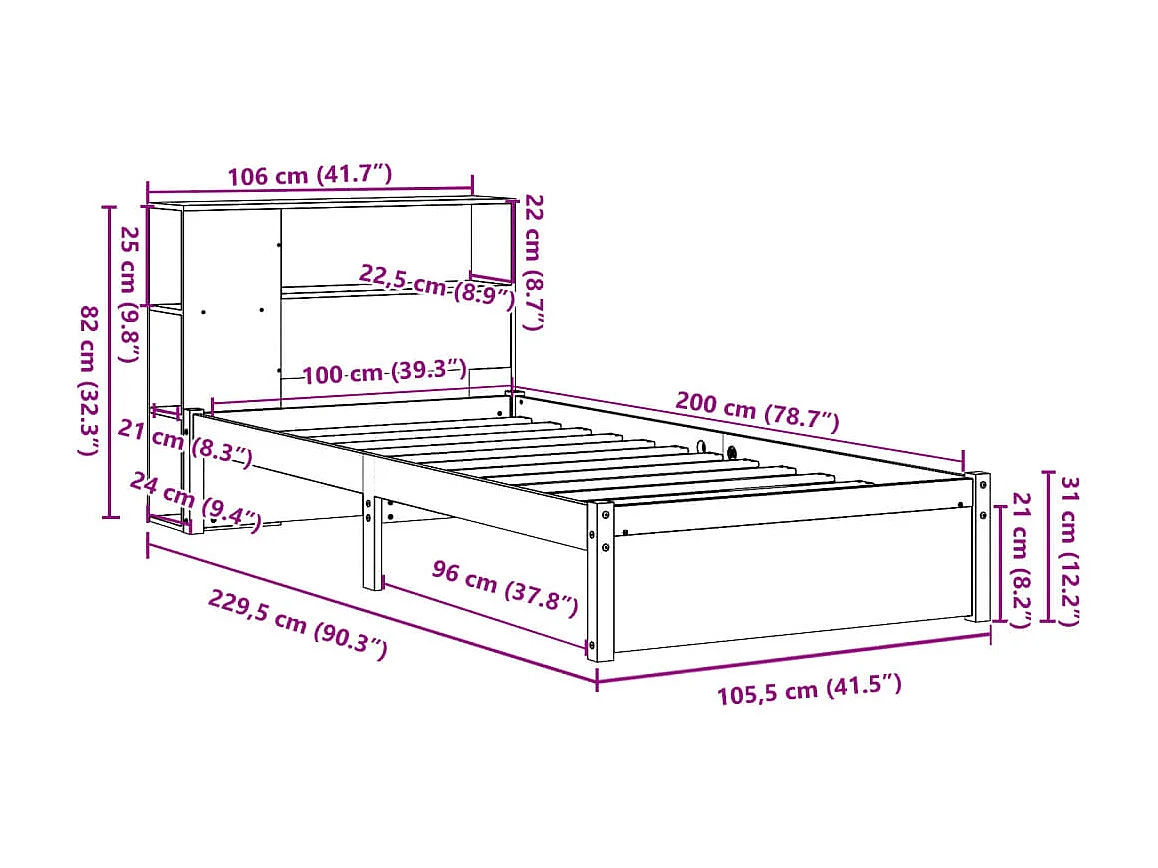 Massivholzbett mit Regal ohne Matratze 100x200 cm Kiefernholz