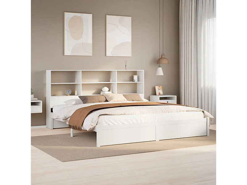 Lit bibliothèque sans matelas blanc 200x200 cm bois pin massif