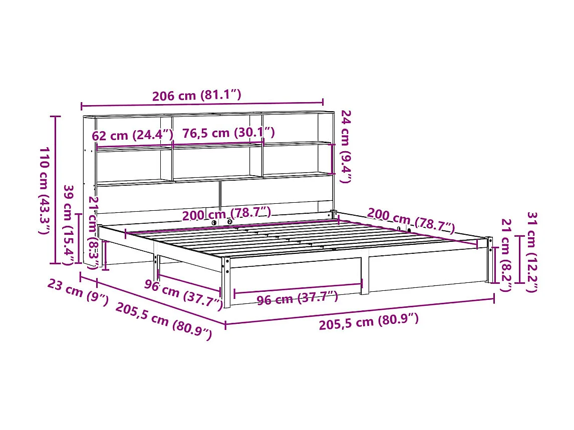 Lit bibliothèque sans matelas blanc 200x200 cm bois pin massif