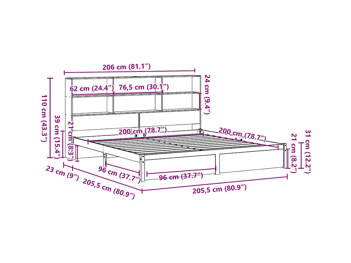 Lit bibliothèque sans matelas blanc 200x200 cm bois pin massif