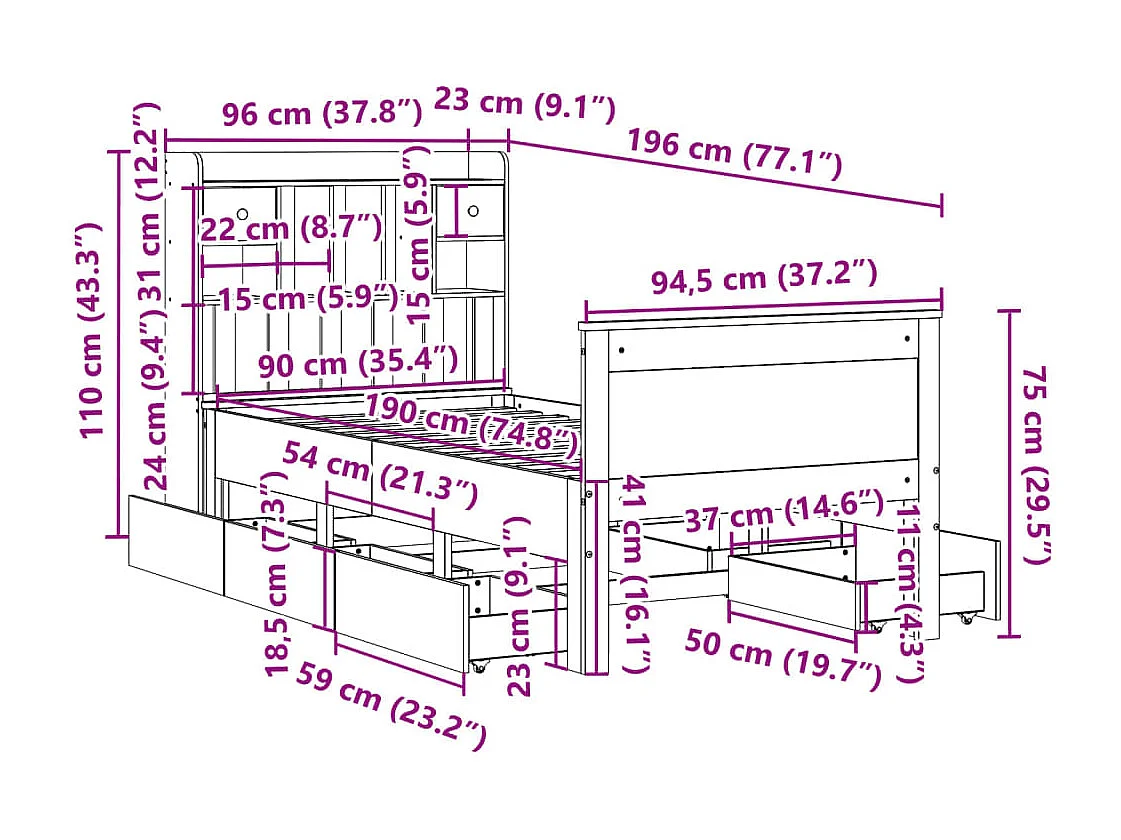 Cama con estantería sin colchón madera maciza de pino 90x190 cm