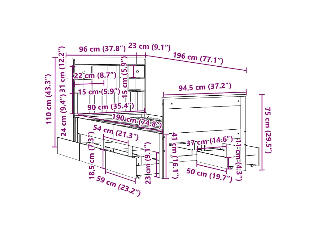 Bed met boekenkast zonder matras massief grenenhout 90x190 cm