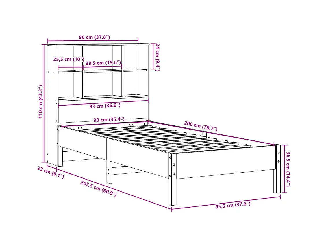 Lit bibliothèque sans matelas cire marron 90x200 cm pin massif