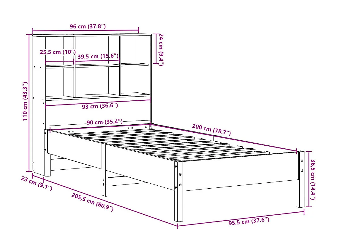Cama com estante sem colchão 90x200cm pinho maciço castanho-mel