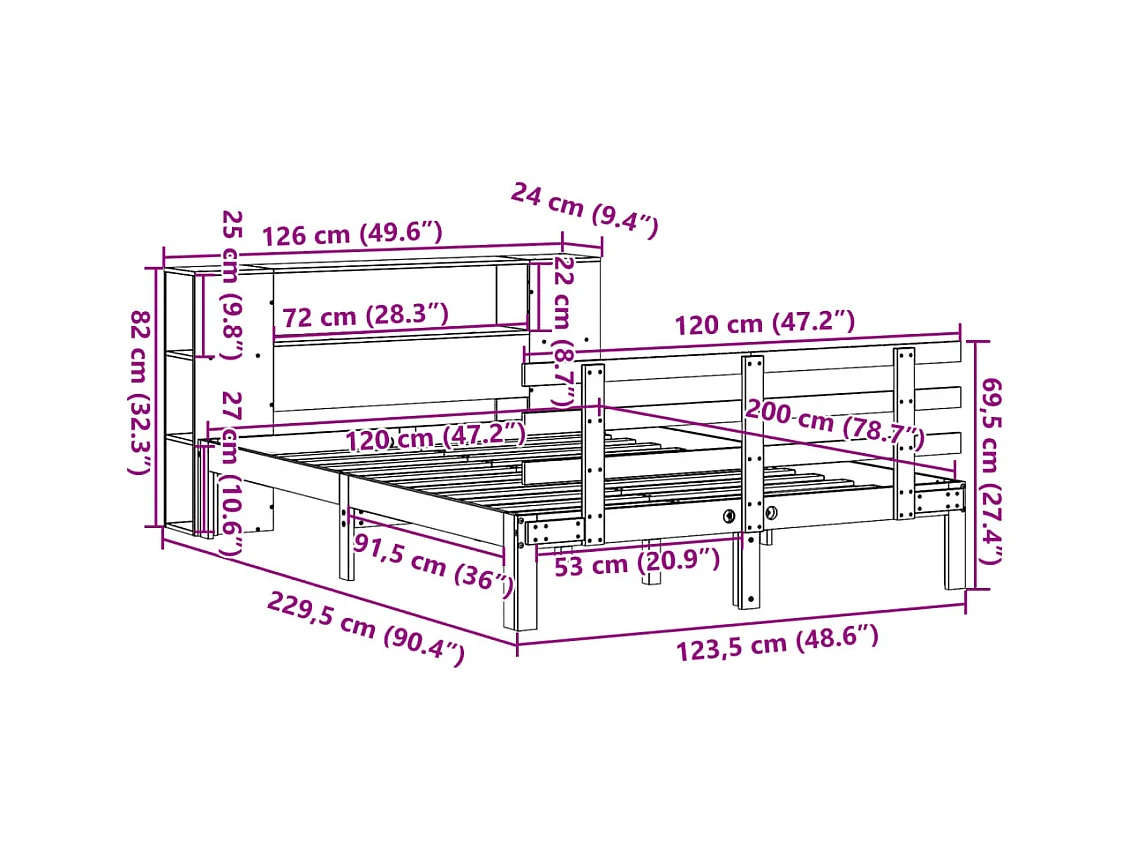 Lit bibliothèque sans matelas 120x200 cm bois de pin massif