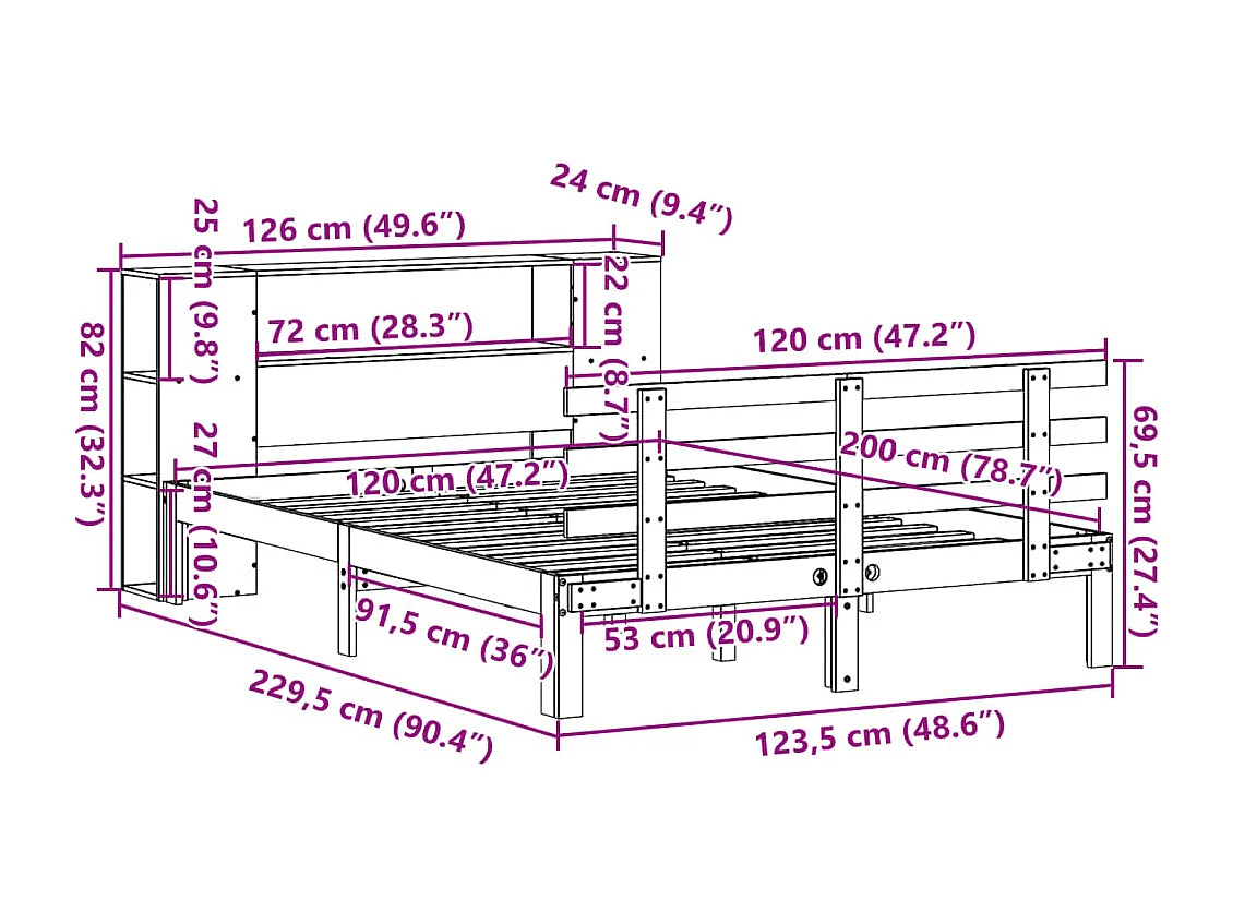 Bed met boekenkast zonder matras massief grenenhout 120x200 cm
