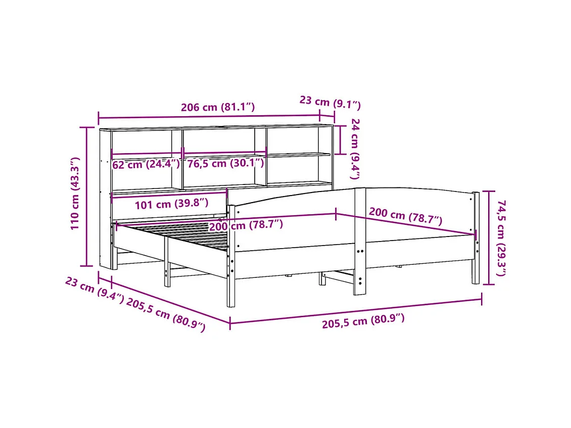 Lit bibliothèque sans matelas blanc 200x200 cm bois pin massif