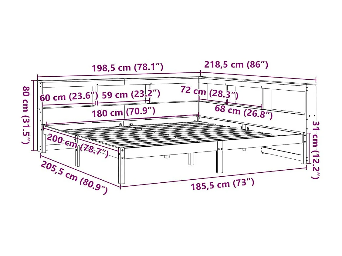 Massivholzbett mit Regal ohne Matratze Wachsbraun 180x200 cm