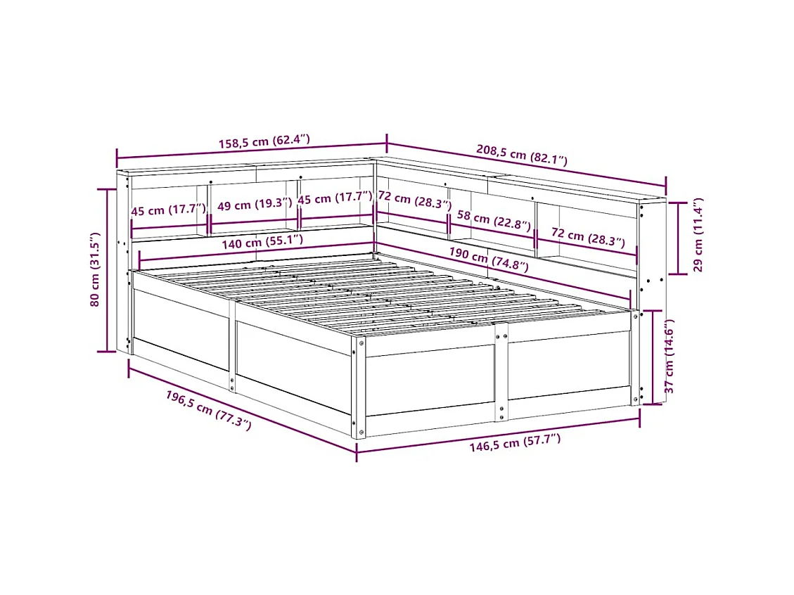 Lit bibliothèque sans matelas cire marron 140x190 cm pin massif