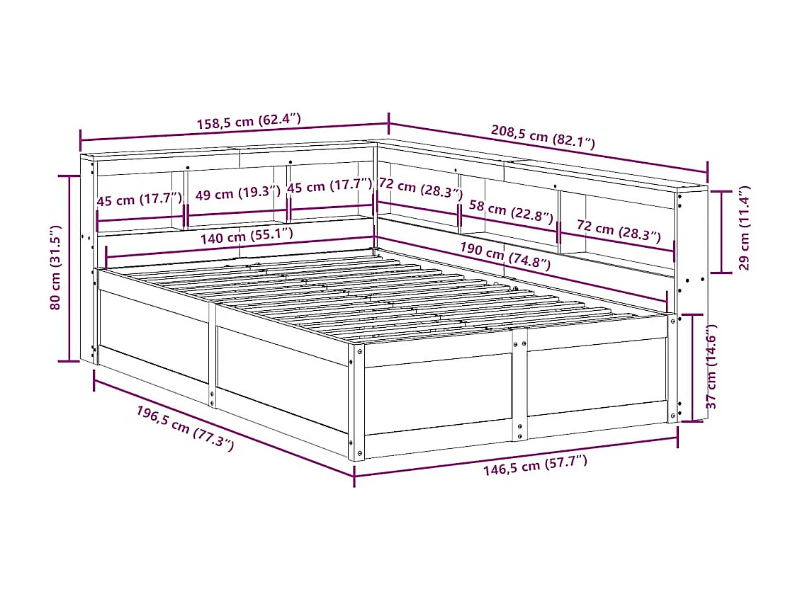 Lit bibliothèque sans matelas cire marron 140x190 cm pin massif