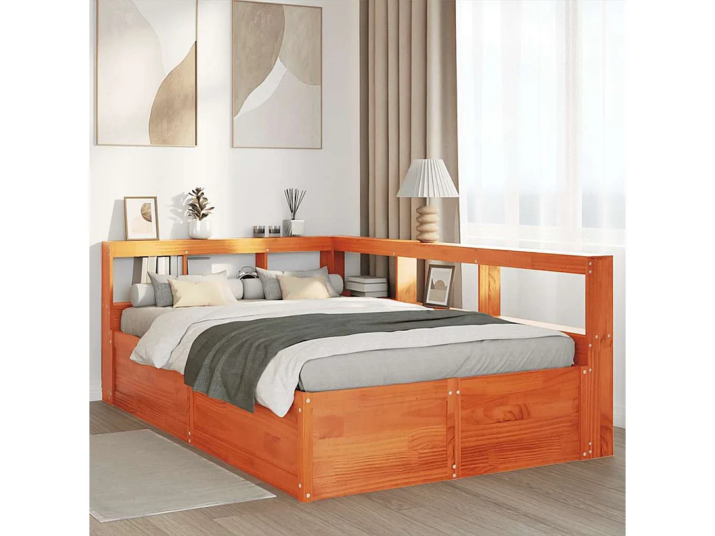 Lit bibliothèque sans matelas cire marron 140x190 cm pin massif