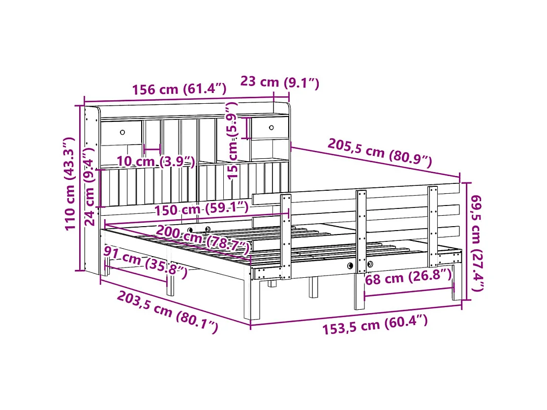 Lit bibliothèque sans matelas 150x200 cm bois massif de pin