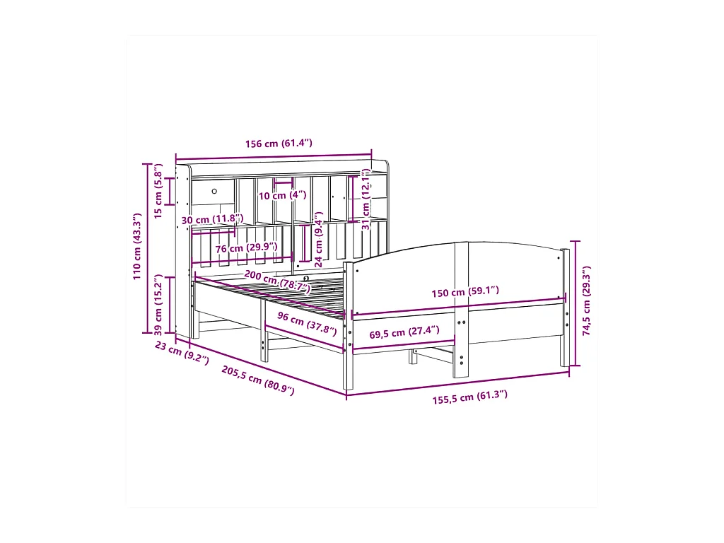Lit bibliothèque sans matelas 150x200 cm bois massif de pin