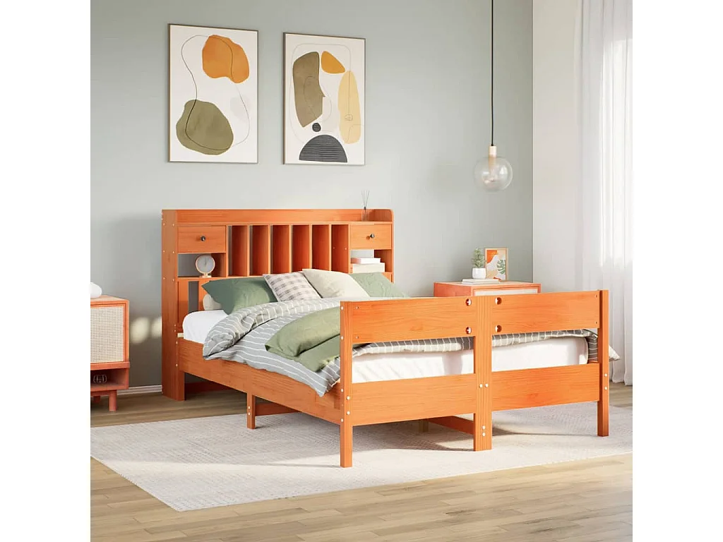 Lit bibliothèque sans matelas cire marron 135x190 cm pin massif