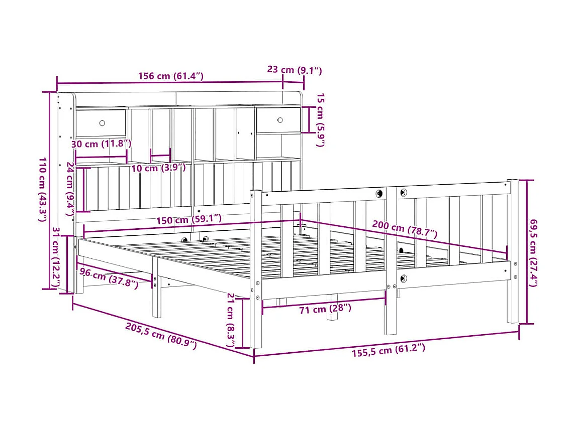Lit bibliothèque sans matelas blanc 150x200 cm bois pin massif