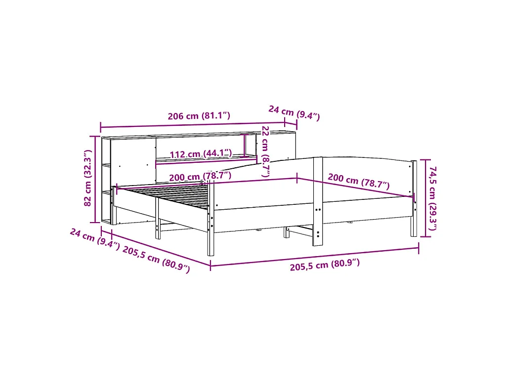 Cama con estantería sin colchón madera maciza marrón 200x200 cm